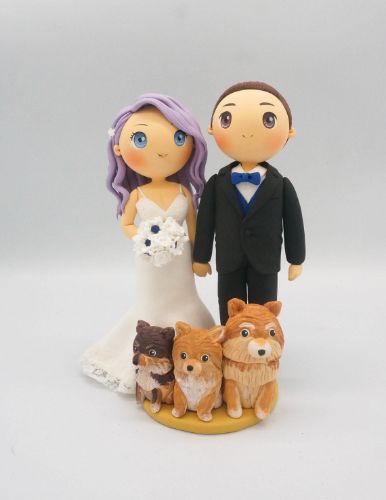 Picture of Custom Bride & Groom Wedding Cake Topper with Dogs, Purple Hair Bride Clay Figurine