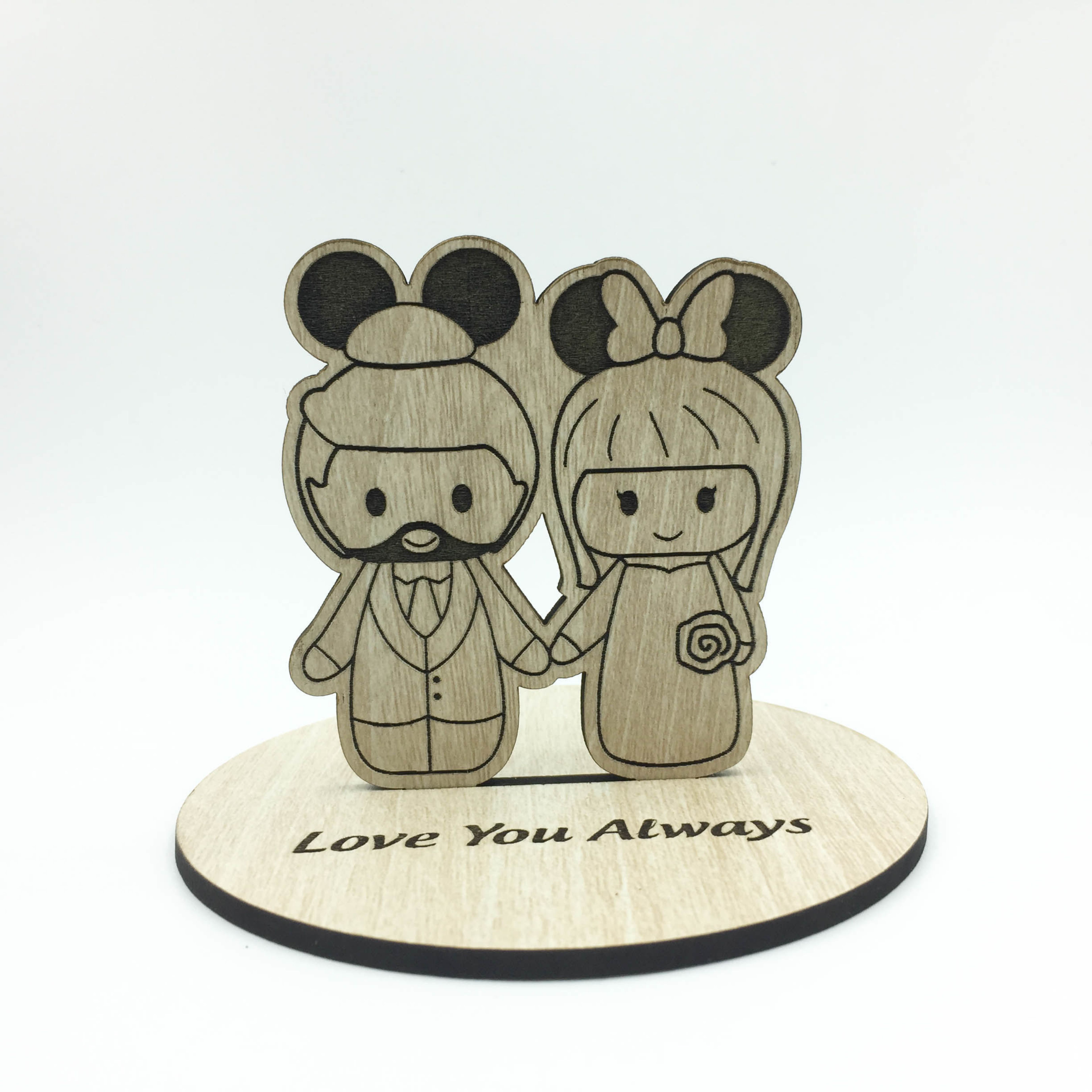 Picture of Mickey and Minnie Wooden Wedding Cake Topper, wood cut out bride & groom standee, Custom Name Wedding Topper