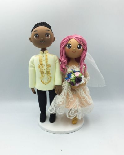 Picture of Barong Groom & Pink Hair Bride Wedding Cake Topper, Filipino Wedding Cake Topper