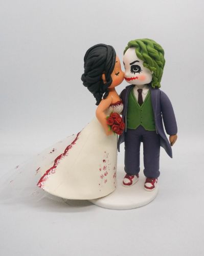 Picture of Joker Groom & Harley Quinn Bride Wedding Cake Topper, Cheek Kissing Cake Topper, Gift for Joker fan