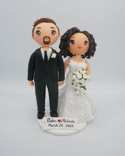 Picture of Short Curly Hair Bride & Mustache Groom Wedding Cake Topper, First Wedding Anniversary Gift for Wife