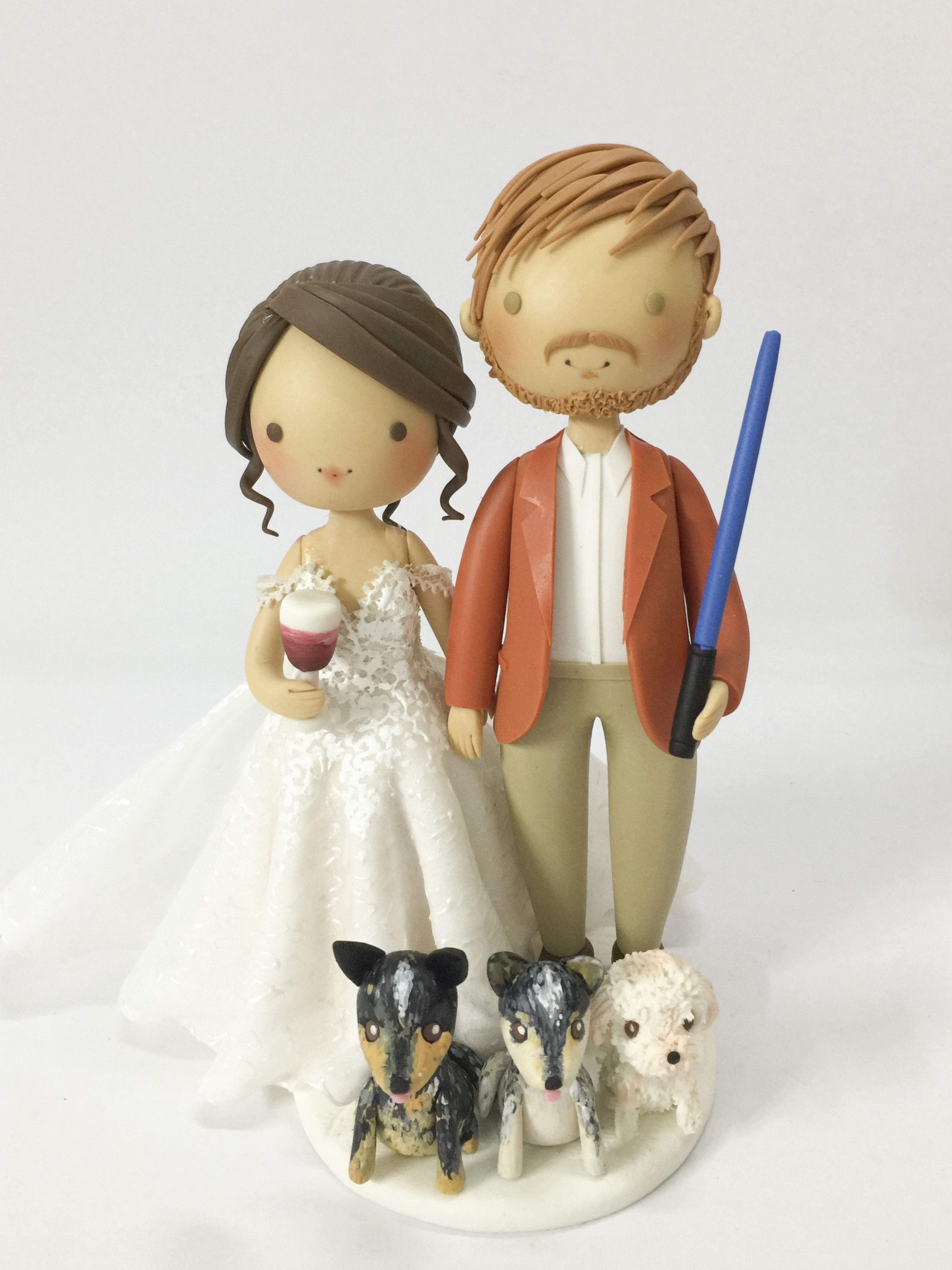 Picture of Wine Lover Bride & Star Wars fan groom Wedding Cake Topper, Wedding Cake Topper with Dogs