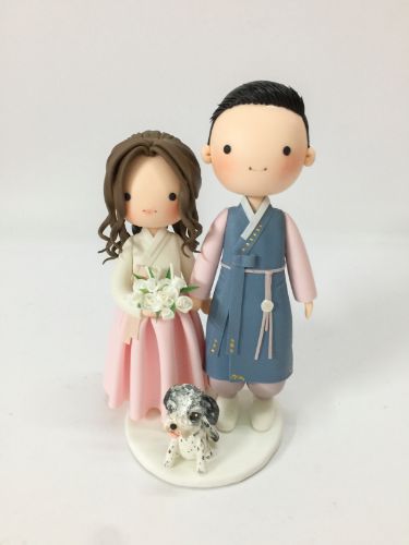 Picture of Korean Hanbok Wedding Cake Topper with Dog, Unique Wedding Gifts for Korean Couples, Pastel Theme 