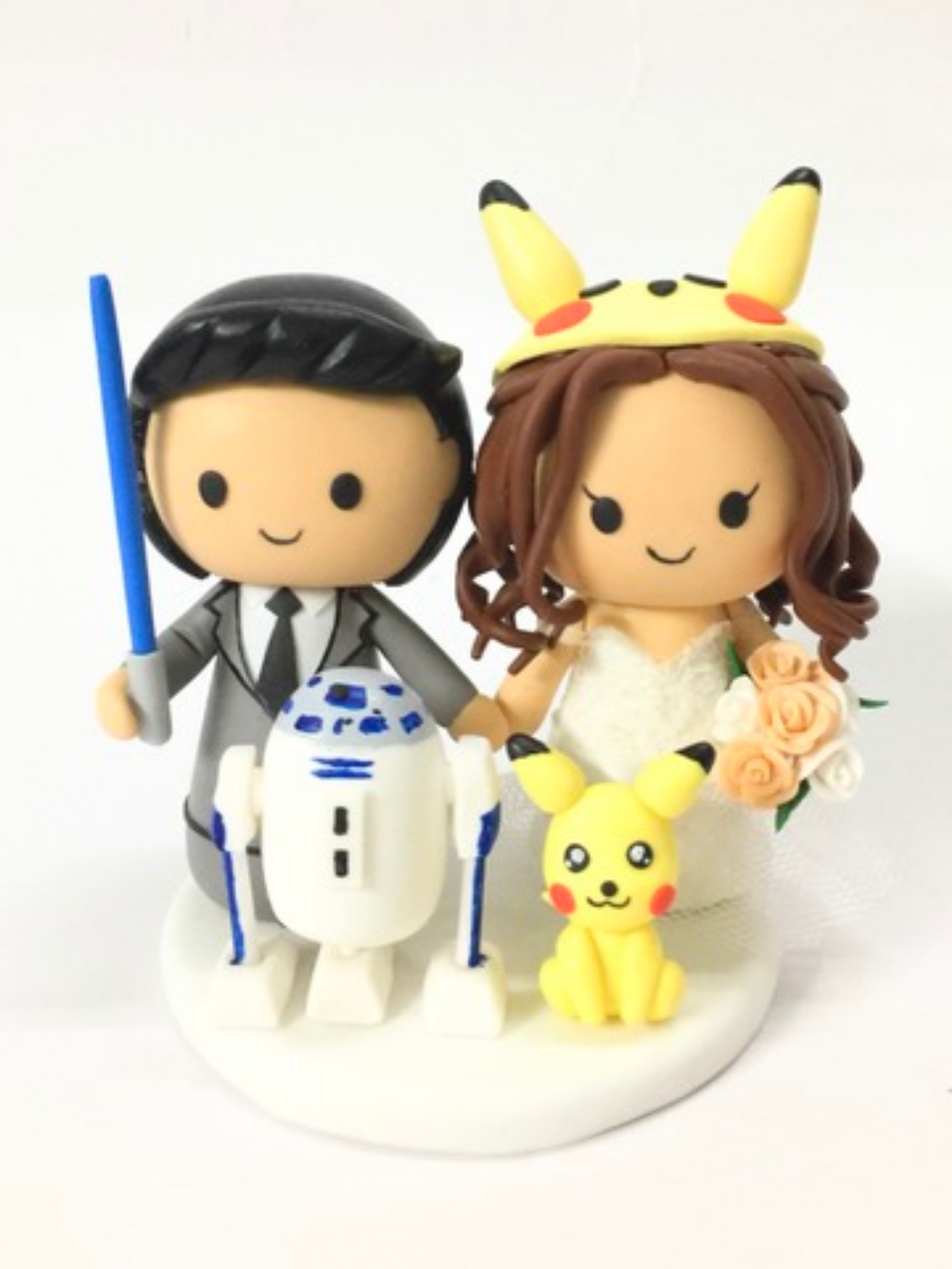 Picture of Star Wars & Pokemon Wedding Cake Topper, Jedi Groom & Pikachu Bride Cake Topper, R2-D2 and Pikachu Clay Miniature