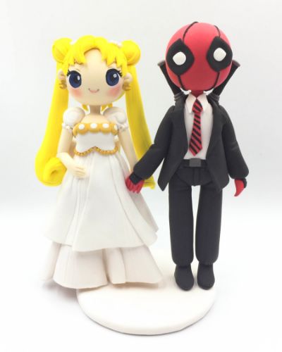 Picture of Sailor Moon & Deadpool Wedding Cake Topper, Custom Commission Wedding Cake Topper, Gifts for Anime & Comics Fans