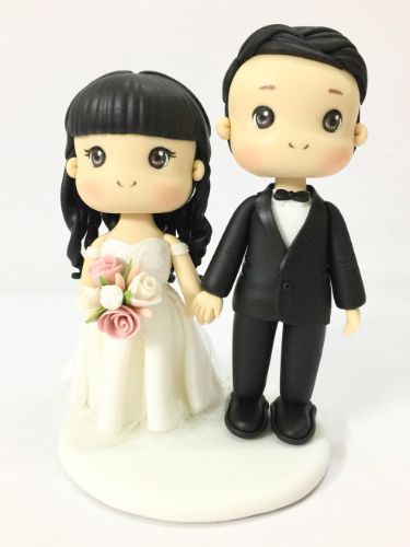 Picture of Beautiful wedding cake topper, Fringe Hairstyle Bride & Side Swept groom topper, Off Shoulder wedding gown