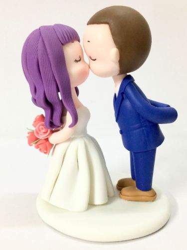 Picture of Purple Hair Bride & Buzzcut Groom Wedding Cake Topper, Mr. & Mrs. Engagement Topper, 1 Year Anniversary Gift for Couples