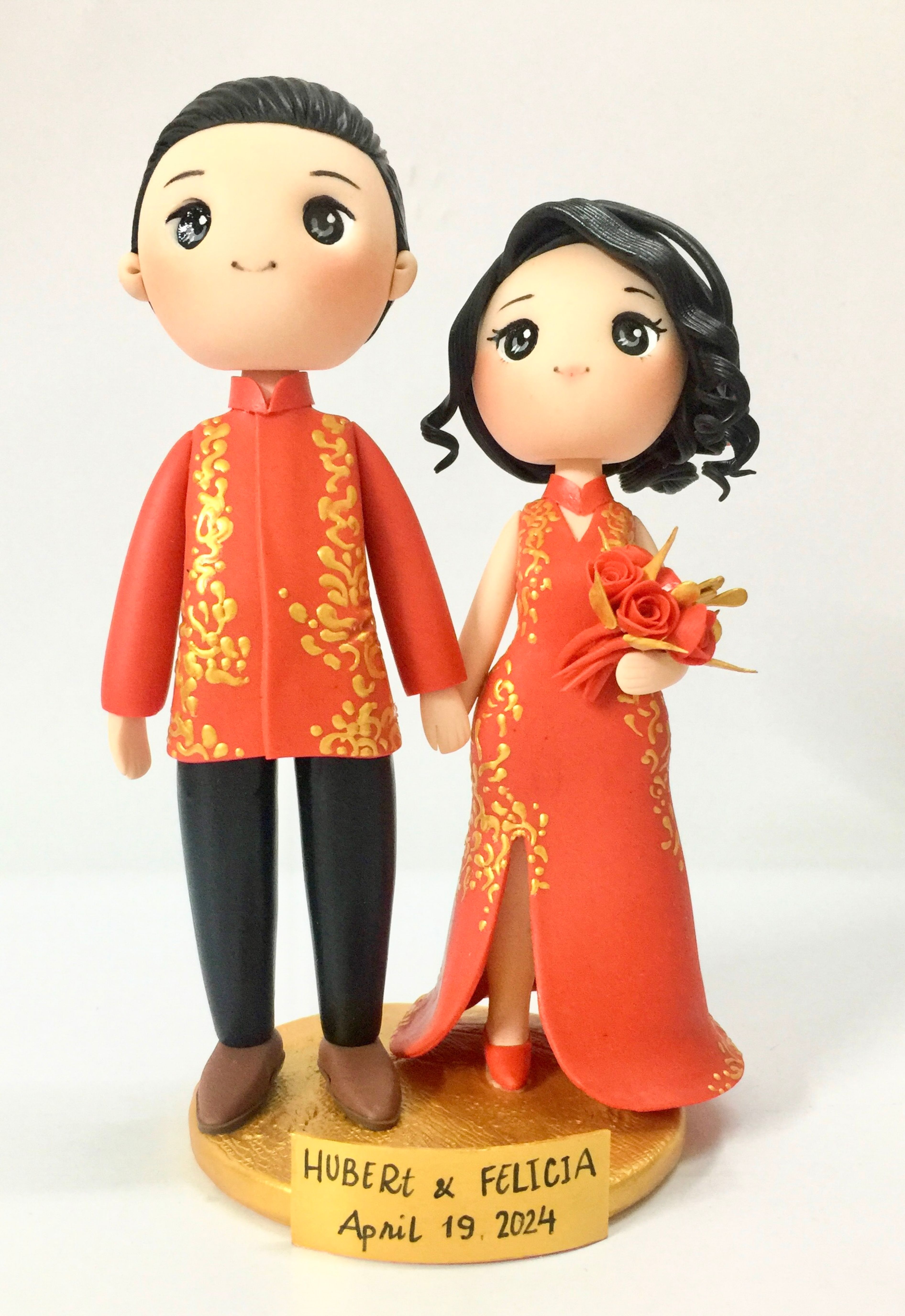 Picture of Traditional Chinese Bride & Groom Wedding Cake Topper, Ma Gua Groom & Cheongsam Bride Wedding Topper