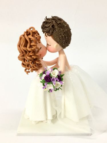 Picture of Lesbian Wedding Cake Topper, Curly Medium Hair Bride & Curly Short Hair Bride Topper, Wedding Gifts for Lesbian Couples