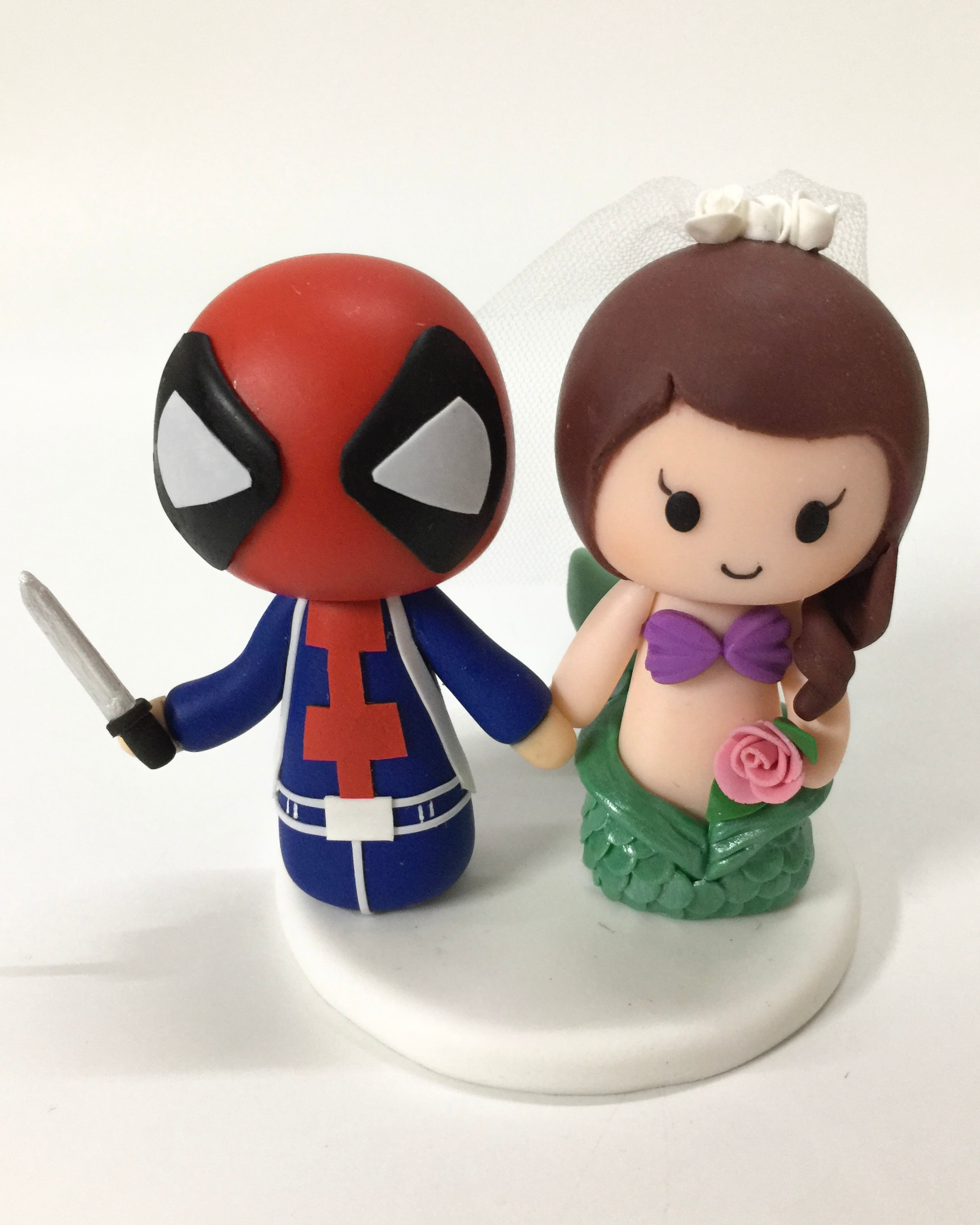 Picture of Deadpool & Ariel Wedding Cake Topper, Superhero & Disney Princess Wedding theme, Fantasy Wedding Cake Decor 