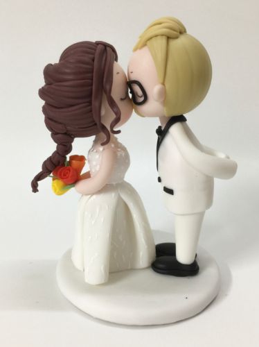 Picture of Braided Wedding Hair Bride & Slicked back hair Groom Wedding Cake Topper, Kissing Mr. & Mrs. Figurine