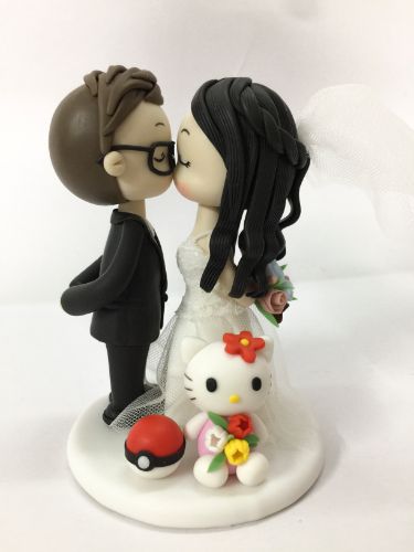 Picture of Hello Kitty & Pokemon Themed Wedding Cake Topper, Geek Couple Wedding Cake Topper