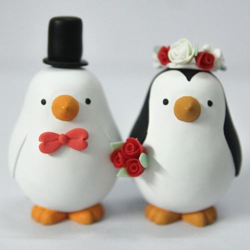 Picture of Mixed Race Penguin Wedding Cake Topper, Valentines Day Gift for Interracial Couples