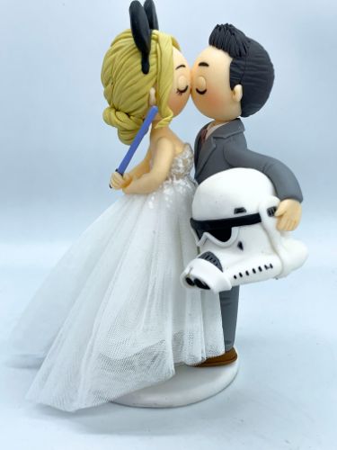 Picture of Stormtrooper Groom Groom & Mickey Bride Wedding, Star Wars & Harry Potter Wedding Cake Topper, Tiny Bride and Tall Groom Toper