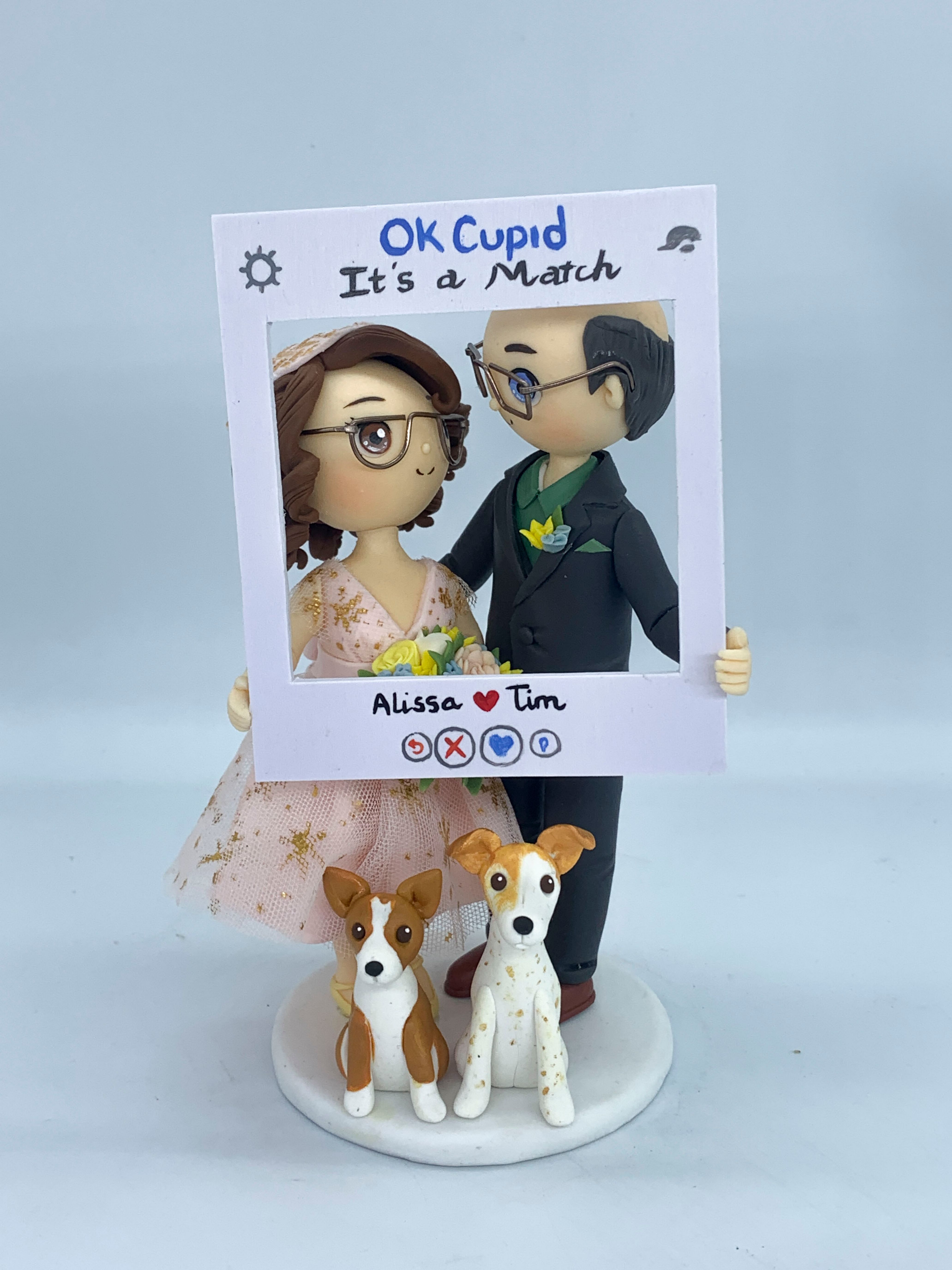 Picture of Ok Cupid Wedding Cake Topper with Dogs, Wedding Anniversary Gifts for Parents, Half Bald Groom Wedding Figurine